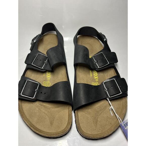 VINTAGE ORIGINAL FOOTBED Birkenstock Milano BLACK OILED LEATHER Sandals SZ 42 - Picture 3 of 16